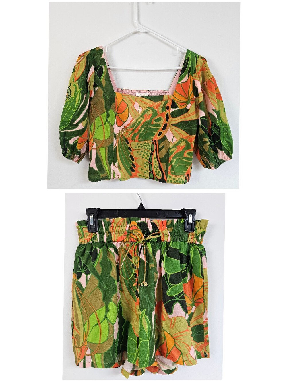 JB By Julie Brown Two Piece Set Tropical Puff Sleeve Crop Top High Waste Shorts